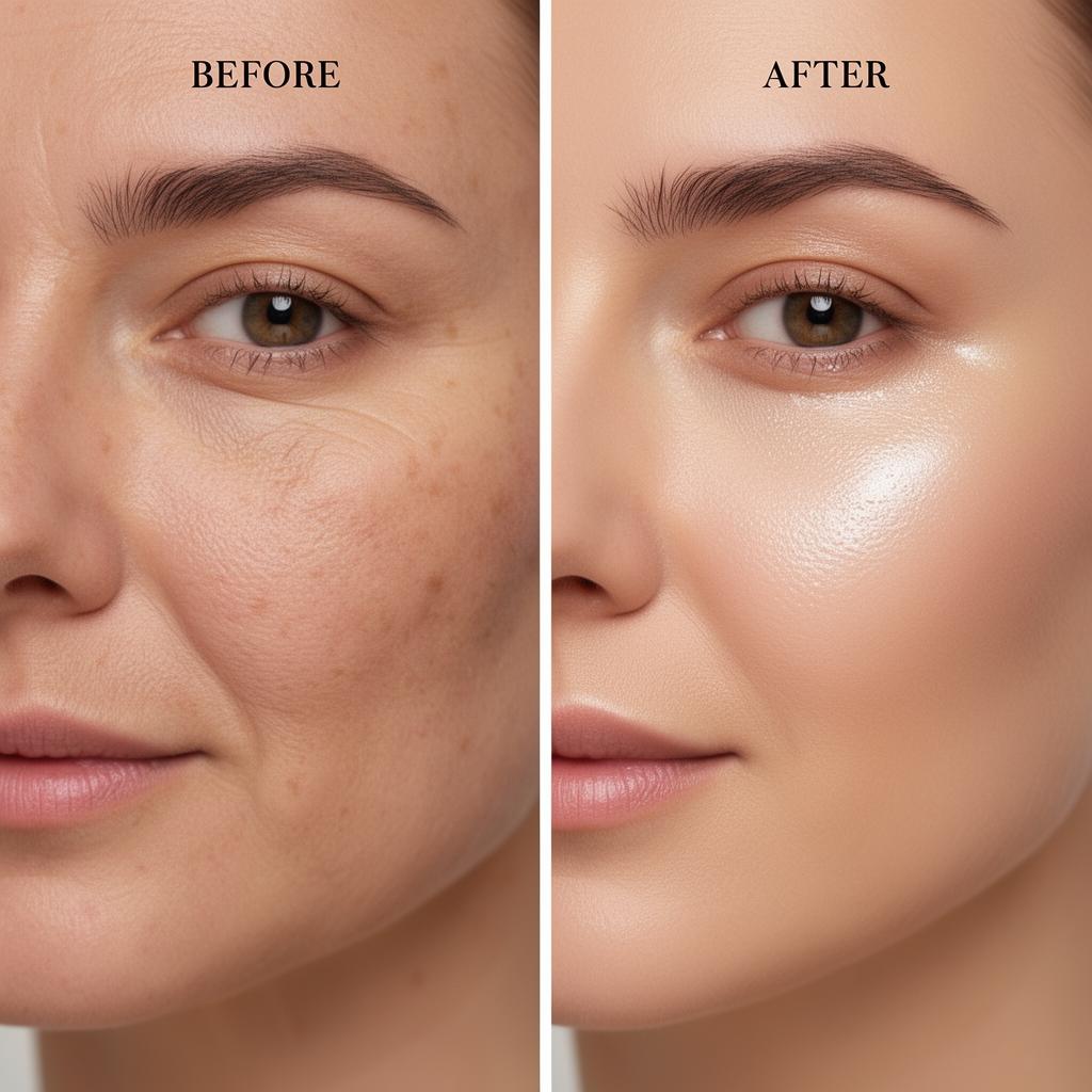 Before and after skin booster treatment showing improved hydration and radiance